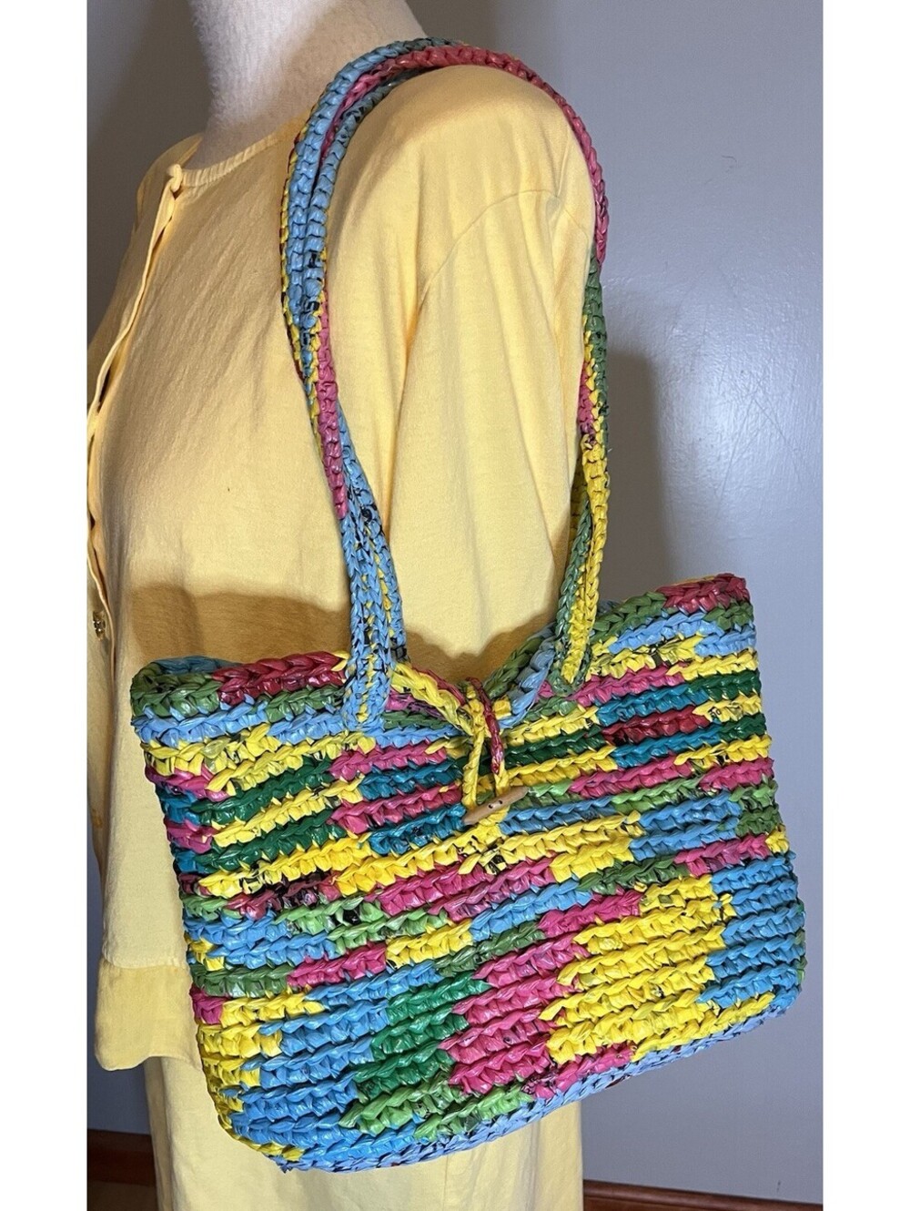 Handmade Upcycled Plarn Crochet Tote Bag Striped Market Beach Shopper Bright